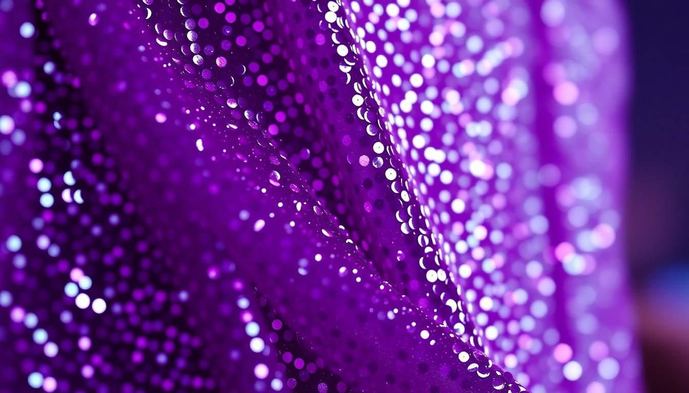 An extreme close-up photograph of shimmering purple sequins and luxurious fabric, capturing the glitz and glamour of a major music festival performance.