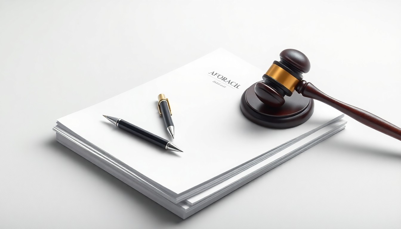 A photorealistic studio still-life featuring a stack of official documents, a pen, and a gavel, symbolizing the legal dispute between an affordable housing developer and a local government over revoked grant funding.