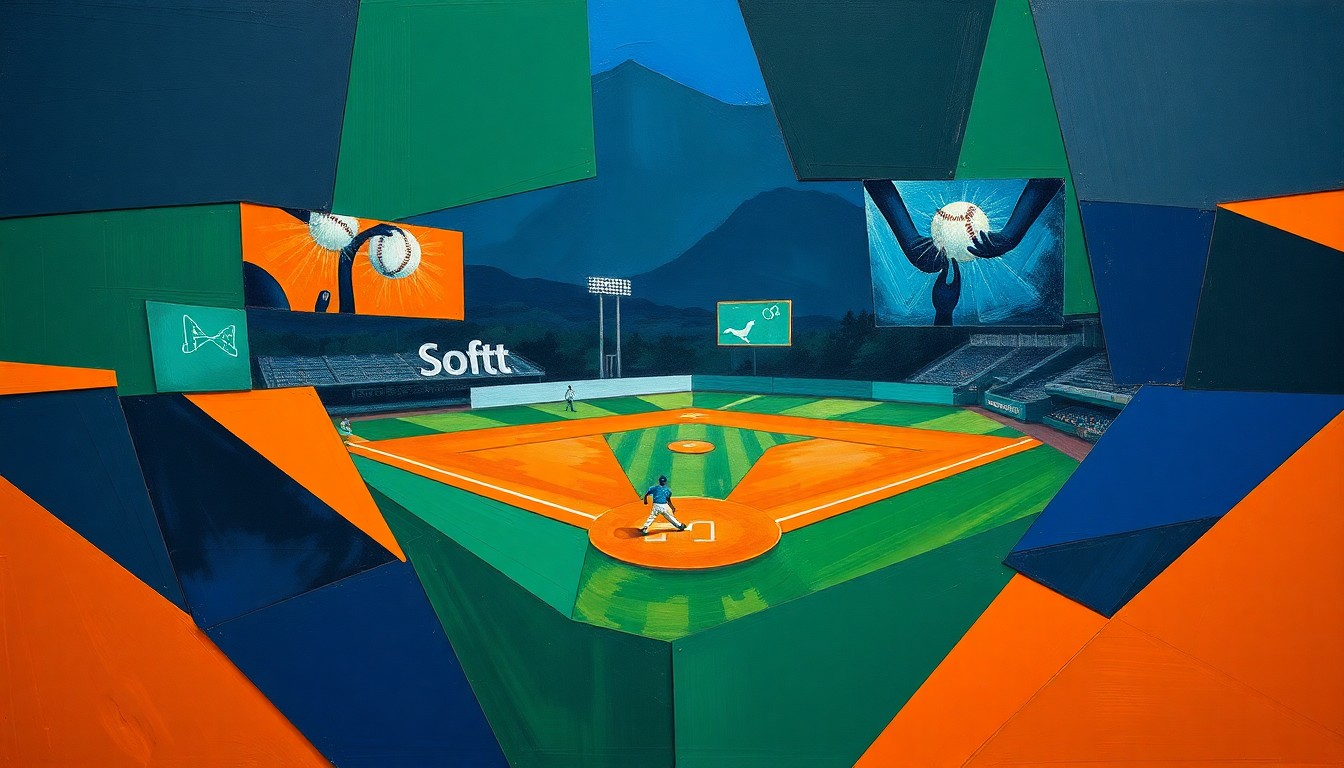 A cubist, geometric painting depicting a fractured, multi-perspective view of a softball game, with sharp, overlapping planes of navy blue, forest green, and burnt orange colors.