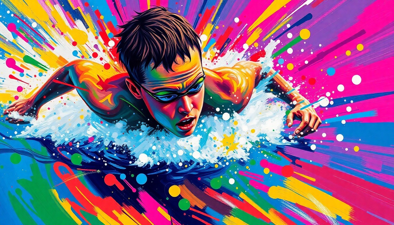 An abstract, expressionist painting in vibrant neon colors depicting the fluid, dynamic movements of a young swimmer mid-race, with their face and body dissolving into unrecognizable brushstrokes and splatters of paint.