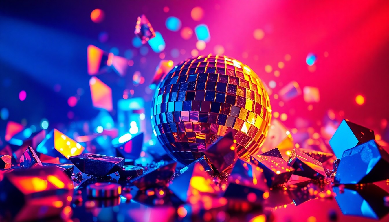 An extreme close-up photograph of shattered glass fragments from a disco ball, reflecting colorful, dramatic lighting to create an abstract, high-fashion aesthetic that captures the celebratory mood of a summer club anthem.