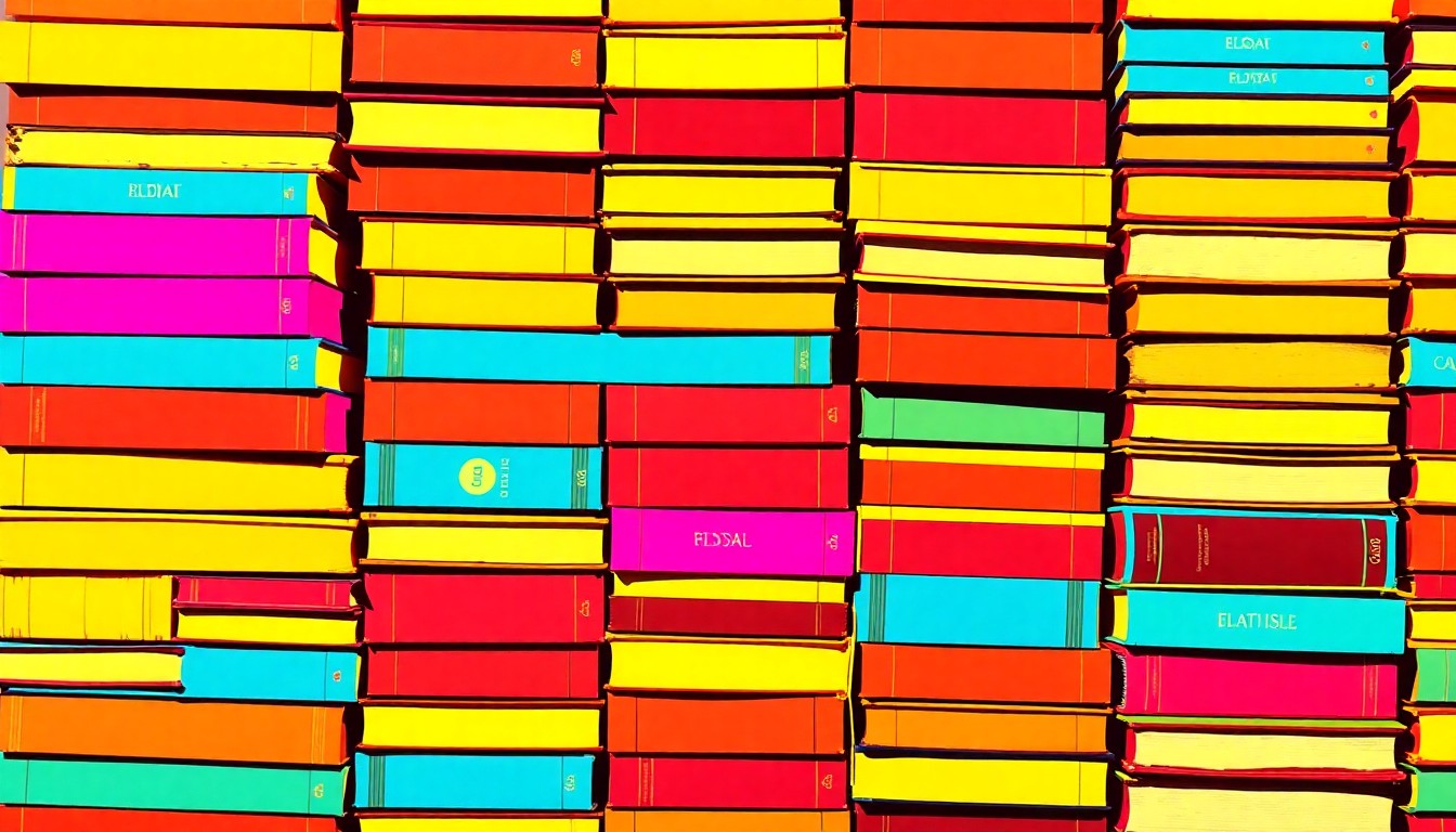 A bold, abstract silkscreen print featuring a repeated pattern of colorful college textbooks, conceptually representing the educational disparities among religious communities in the United States.