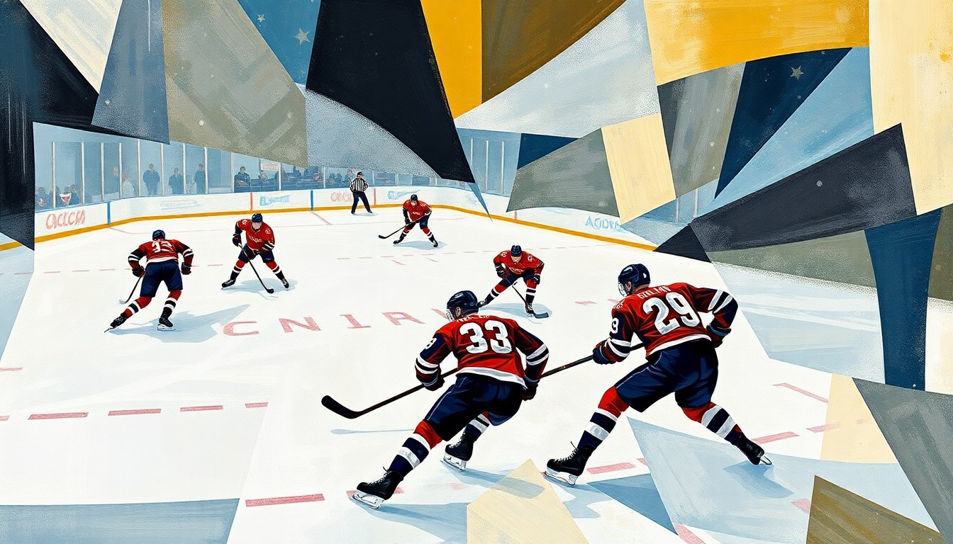 A cubist-style painting depicting a hockey game, with the players and ice reduced to abstract geometric shapes and planes, capturing the energy and dynamism of the sport.