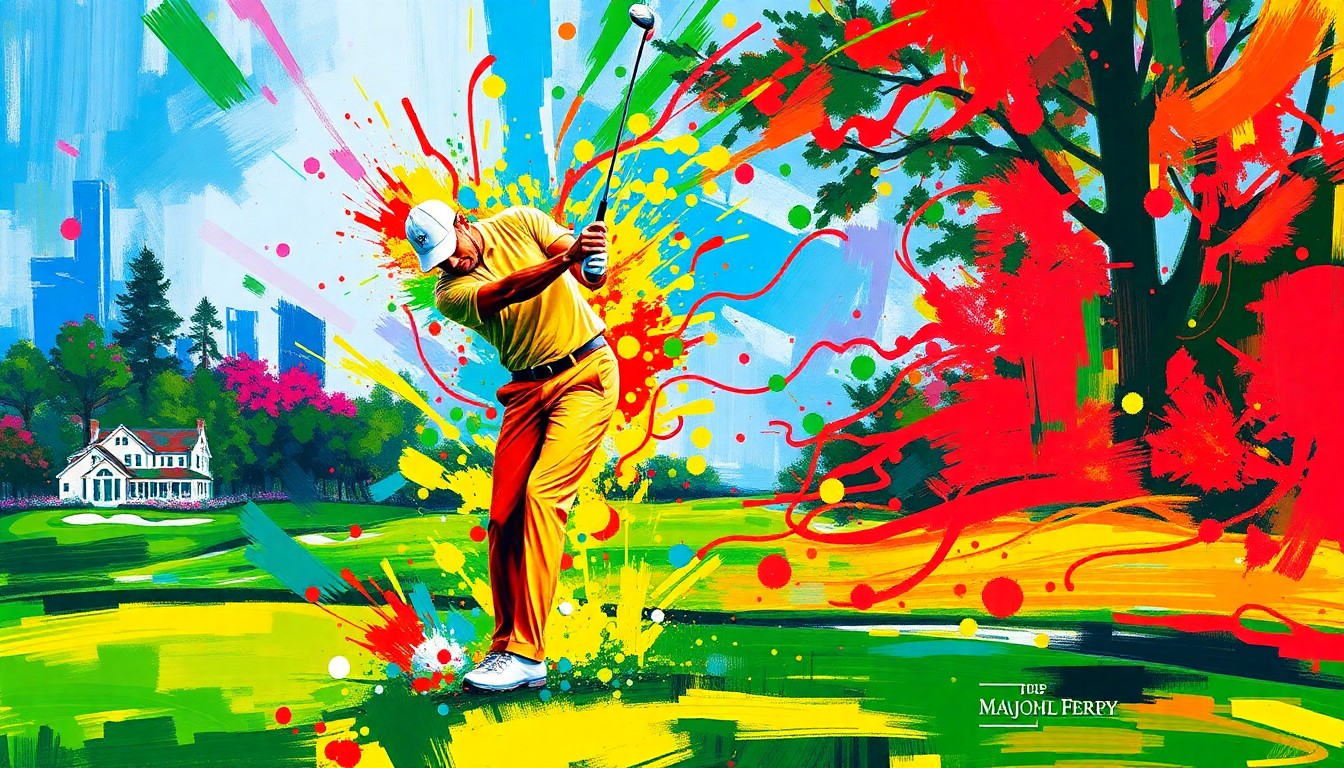 An abstract, expressionist painting in vibrant neon colors depicting the dramatic moment of Rory McIlroy's chip-in birdie on the 17th hole, with the golf course and McIlroy's form dissolving into energetic brushstrokes.