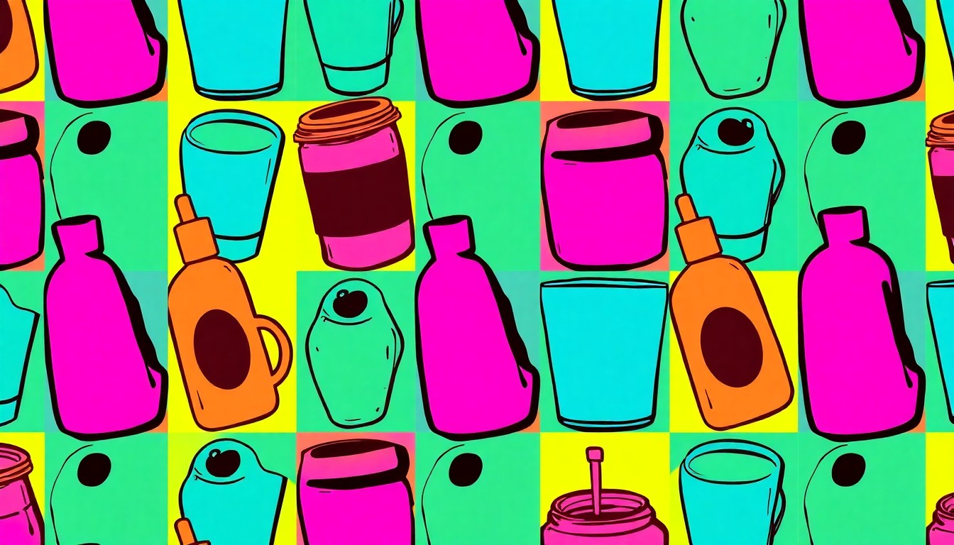 A brightly colored, high-contrast silkscreen print of a repeated iconic lifestyle object, such as a coffee cup or piece of clothing, in a tight grid pattern, utilizing flat, vibrant neon color palettes and heavy black photographic outlines to capture the energy and spirit of the local community events featured in the Patch AM newsletter.