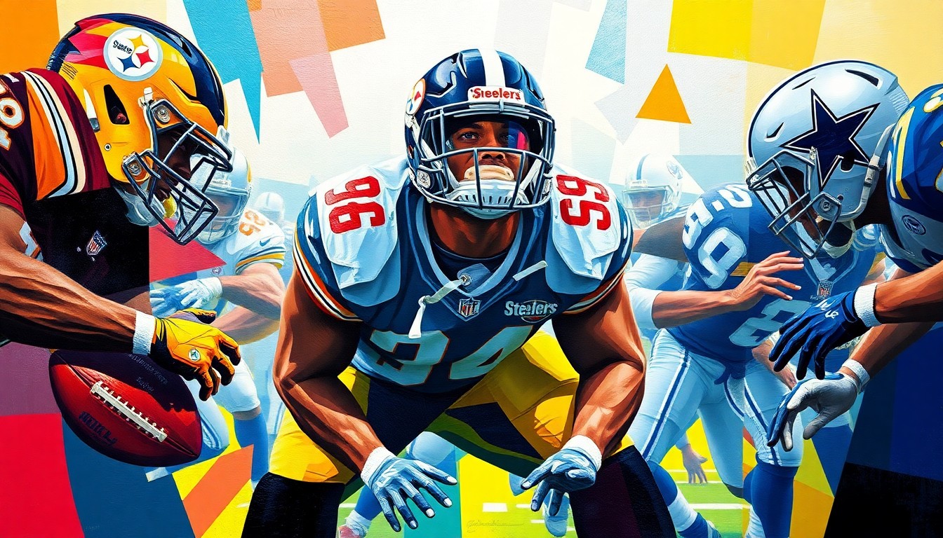 A cubist, geometric painting depicting an offensive lineman in action, with sharp, overlapping planes of black, gold, and blue representing the Steelers and Cowboys uniforms. The image captures the raw physicality and strategic complexity of offensive line play.