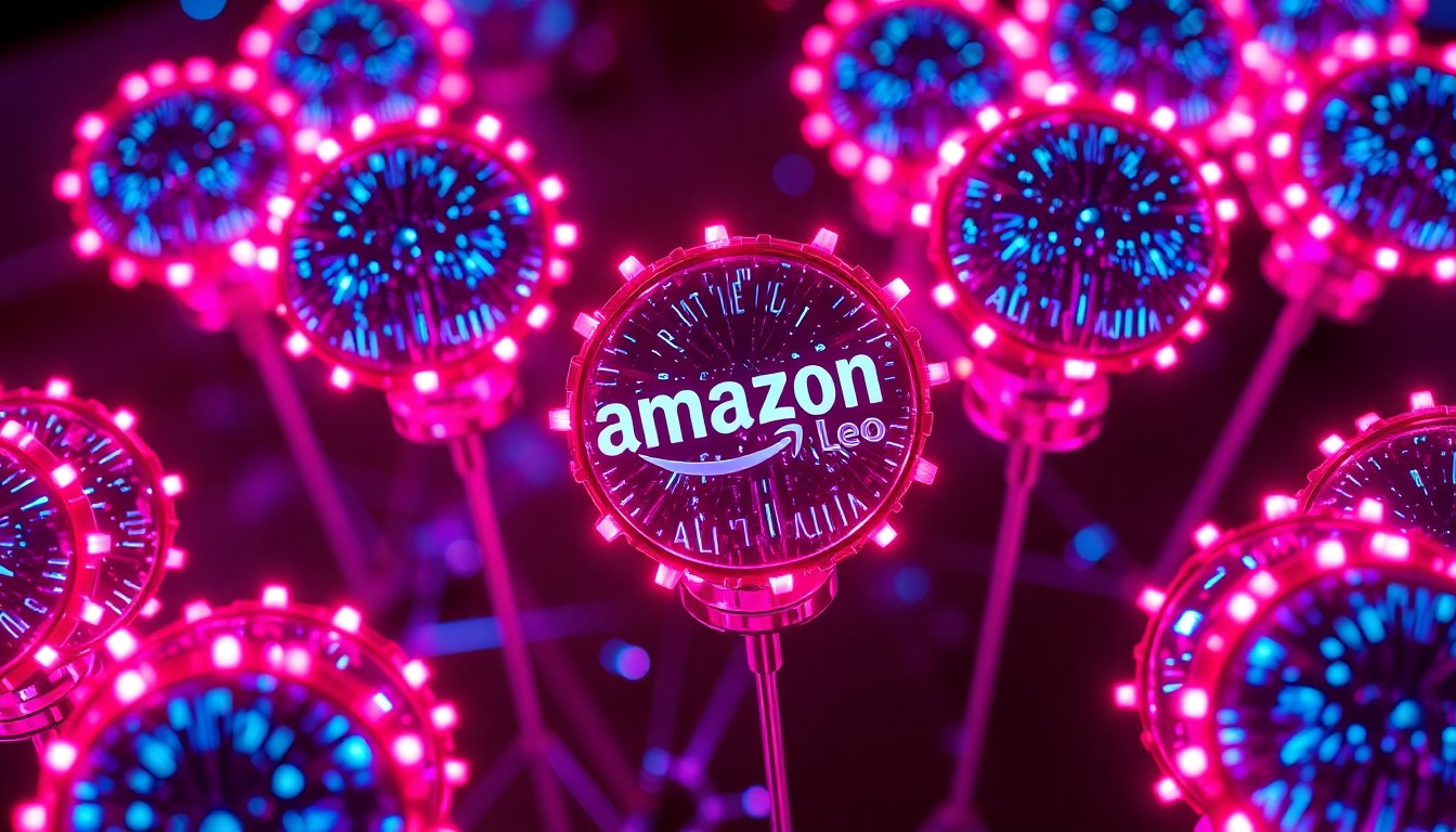 A highly detailed, glowing 3D illustration of a cluster of futuristic-looking satellites illuminated by vibrant neon lights, conceptually representing the complex digital infrastructure and technological innovation behind Amazon's space-based internet project.