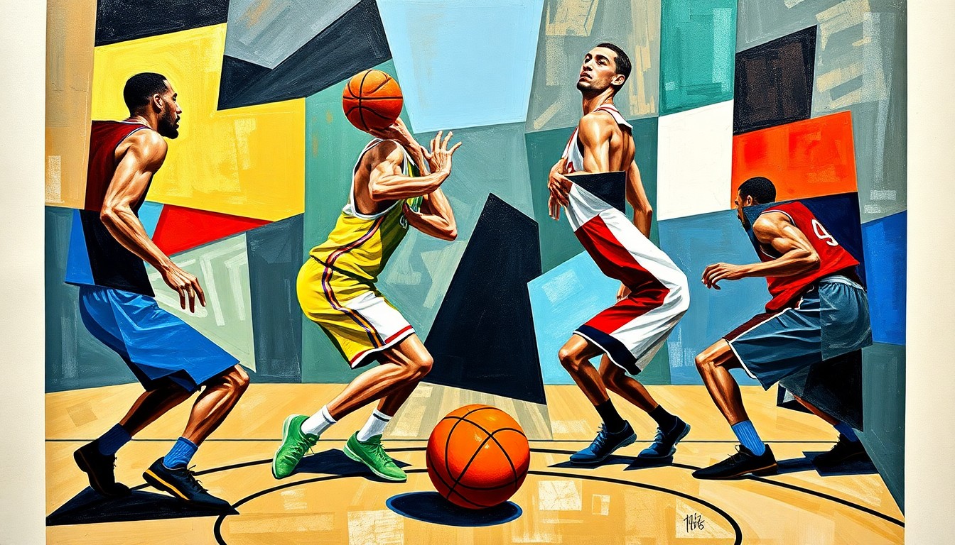 A fragmented, geometric painting depicting a basketball game, with players and court elements broken down into abstract shapes and colors, creating a visually striking and conceptual representation of the sport.