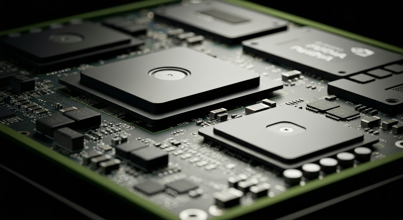 A highly detailed, black-and-white close-up image of the intricate inner components and circuitry of a powerful NVIDIA graphics processing unit, conveying a sense of the technological sophistication and engineering prowess behind the company's products.
