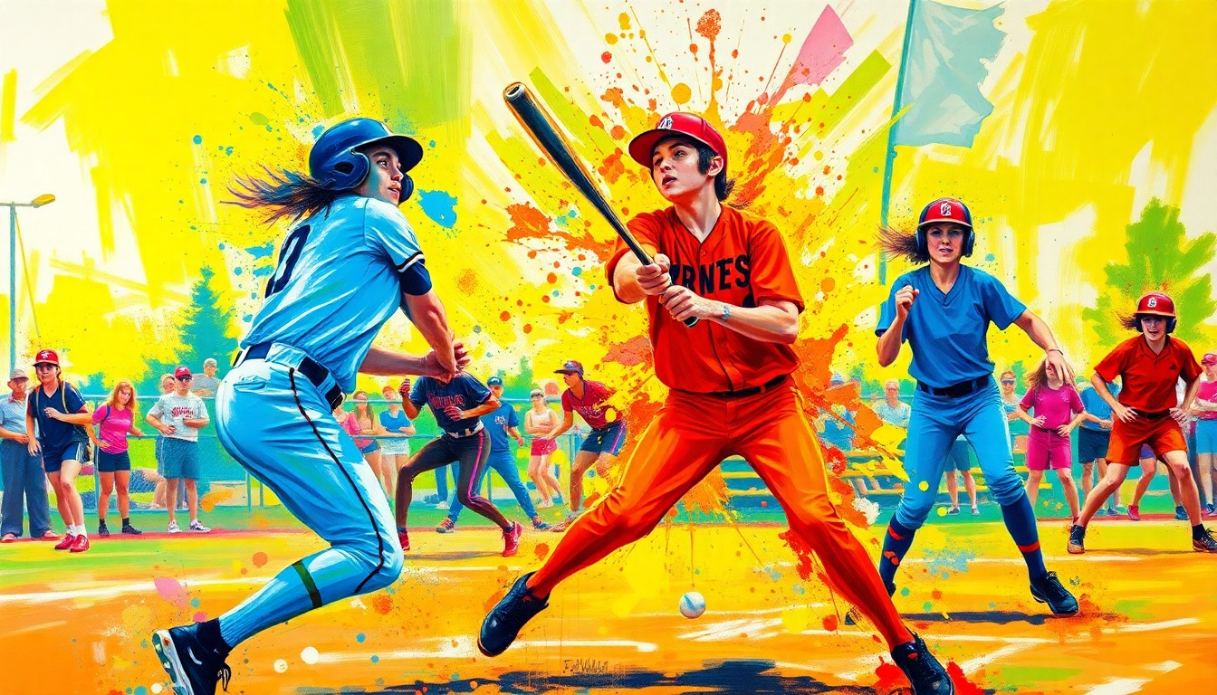 An abstract, expressionist painting in vibrant neon colors, with dynamic brushstrokes and fragmented forms representing the intense action and energy of a high school softball game.