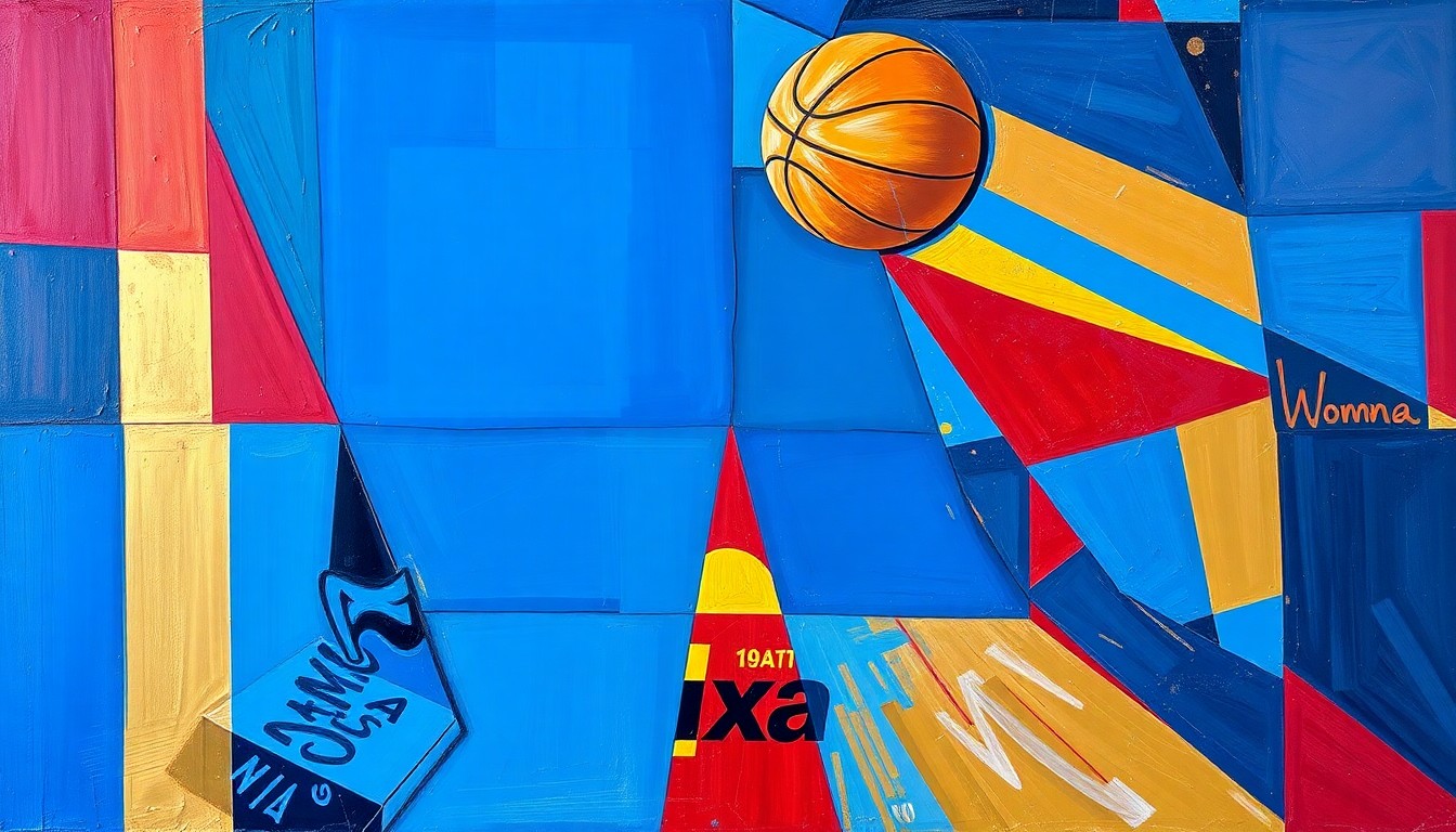 A cubist, geometric painting depicting a WNBA basketball game in motion, with the players and court broken down into sharp, overlapping planes of vibrant blue, red, and gold colors, creating a dynamic and visually striking representation of the league's transformative free agency period.