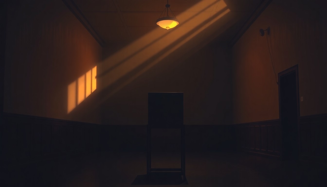 A dimly lit, cinematic painting of a lone voting booth in a town hall, with warm sunlight streaming in through a window and deep shadows enveloping the scene, conveying the solemn importance of the democratic process.