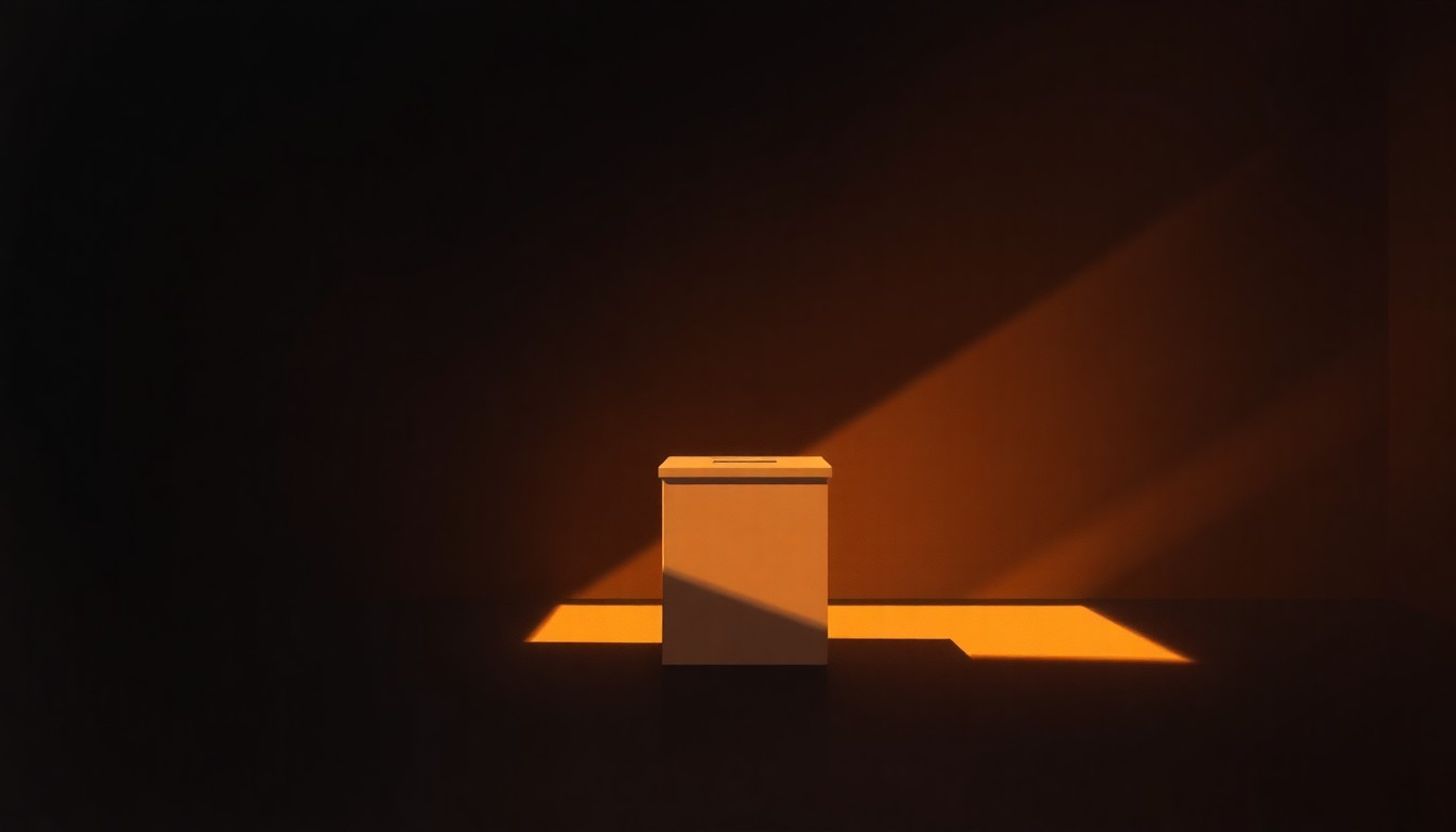 A realistic oil painting depicting a simple ballot box in a dimly lit room, with warm light streaming in through a window and creating deep shadows. The scene has a contemplative, nostalgic mood, capturing the importance of civic participation in local elections.