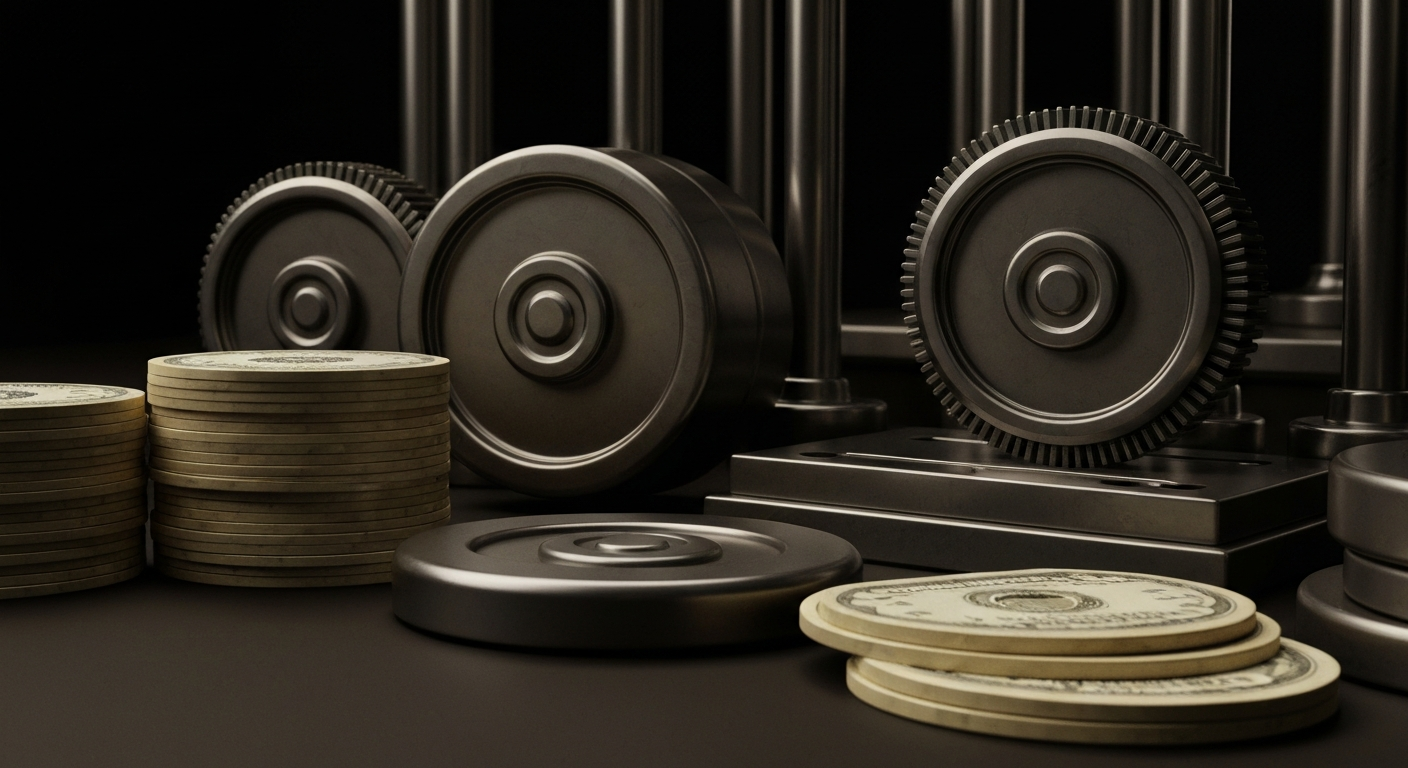 An extreme close-up of gears, levers, and other heavy industrial banking machinery, conceptually representing the intricate workings of the global financial system.