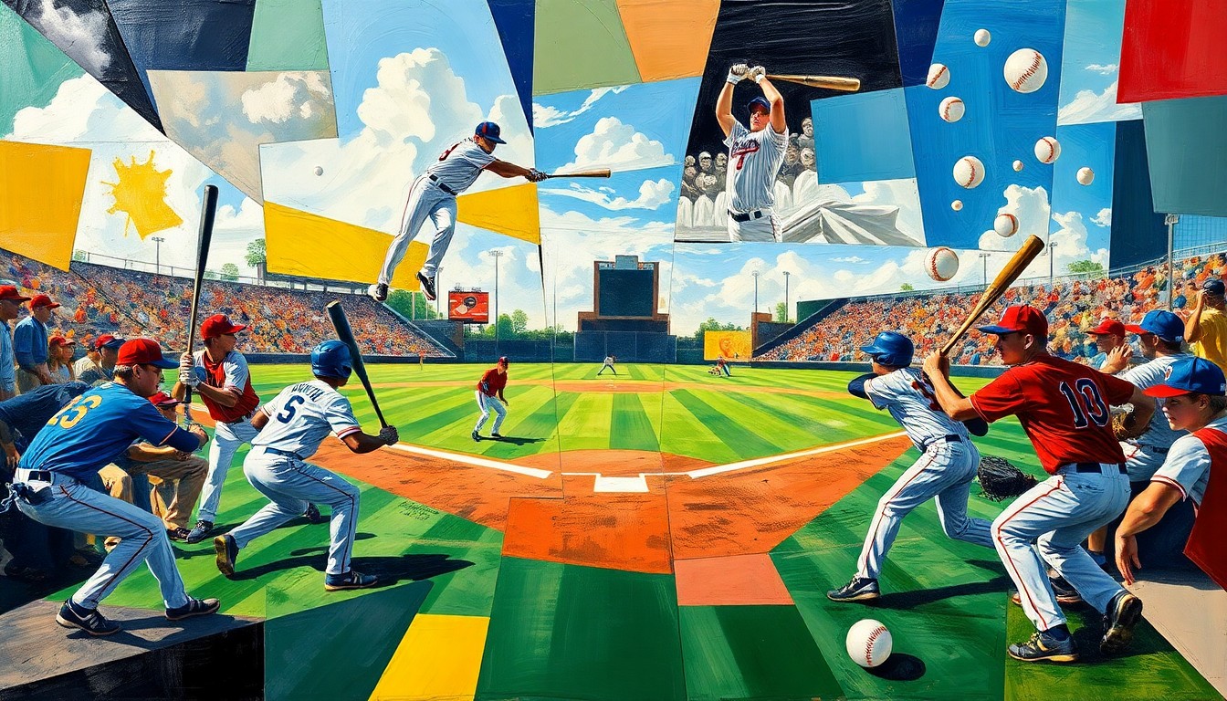 A cubist, geometric painting depicting the dynamic action of a high school baseball game, with fragmented shapes and planes representing the players, bats, and baseballs in motion.