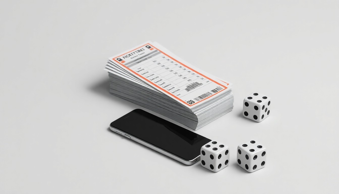 A photorealistic studio still life featuring a stack of sports betting tickets, a mobile phone, and a pair of dice arranged on a clean, monochromatic background, symbolizing the complex ethical challenges facing the rapidly growing sports betting industry.