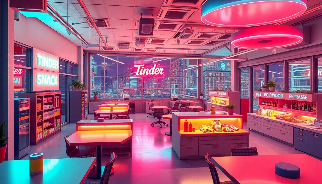 A highly detailed, glowing 3D macro illustration of the interior of Tinder's West Hollywood headquarters, featuring neon-lit snack stations, Lego building areas, and a rooftop espresso bar, conveying a sense of energy, creativity, and technological innovation.