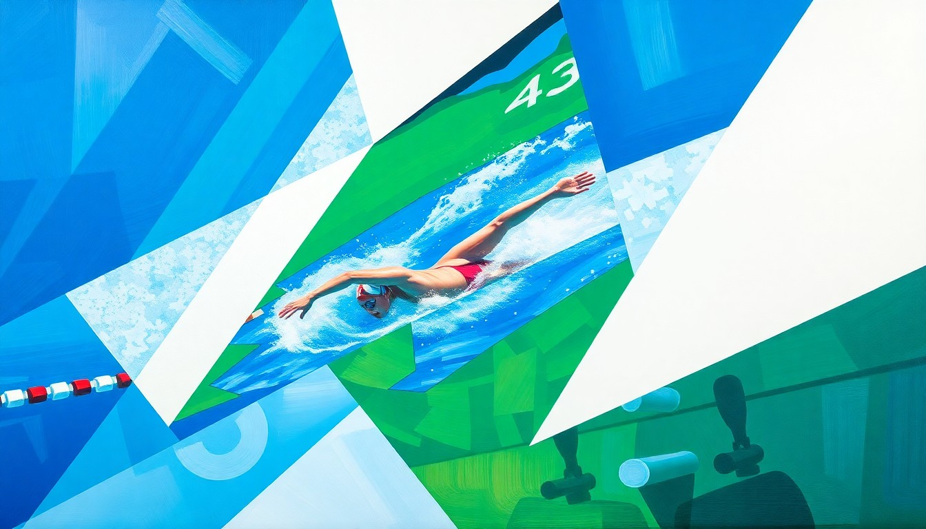 A fractured, geometric painting in shades of blue, green, and white, depicting the dynamic movements and overlapping perspectives of a women's swimming competition.