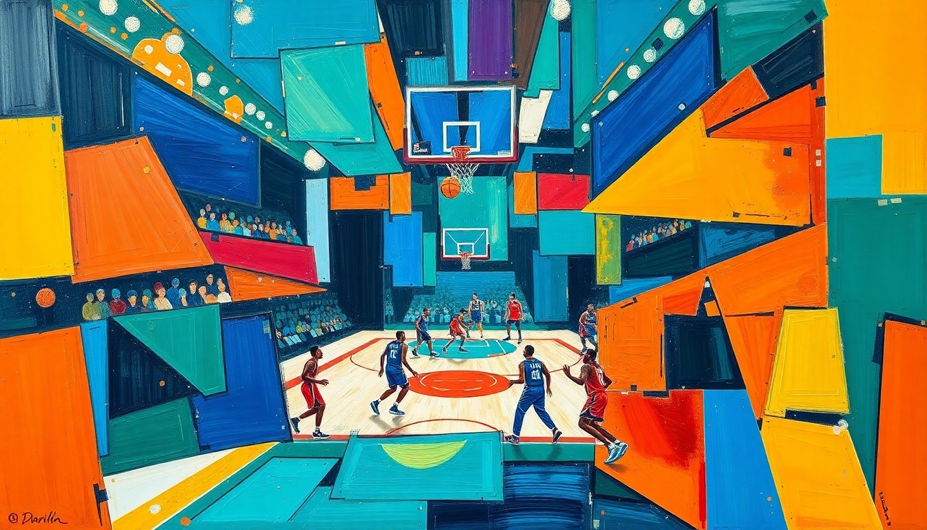 A cubist-style painting featuring overlapping geometric shapes and planes in vibrant colors, conceptually representing the backlash and controversy surrounding the Washington Wizards' failed April Fools' prank.