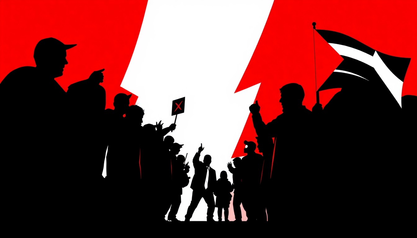 An abstract, minimalist illustration featuring bold, jagged shapes in red, white, and black, conveying the energy and tension of the pro-Palestine protest outside the 'Scream 7' premiere.