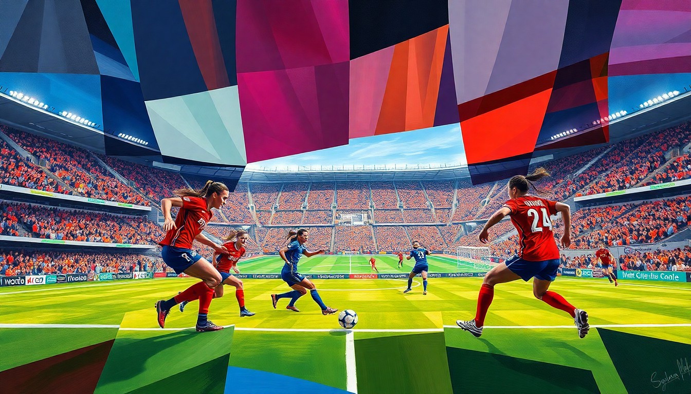 A cubist, geometric painting depicting a women's soccer match at Mile High stadium, with the players and stadium rendered in sharp, overlapping planes of color.