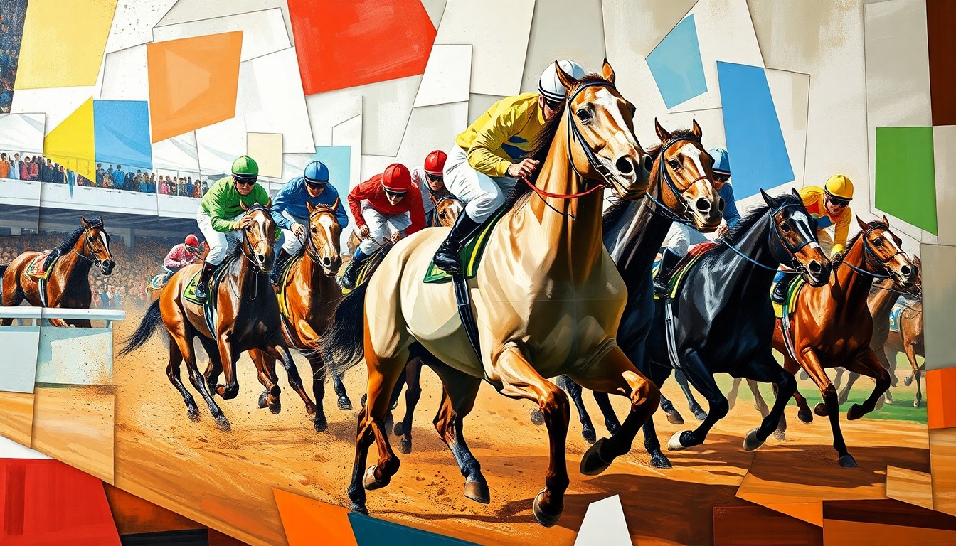 A fractured, geometric painting depicting the chaotic energy of a horse race, with the horses and jockeys reduced to abstract shapes and forms in a cubist style.