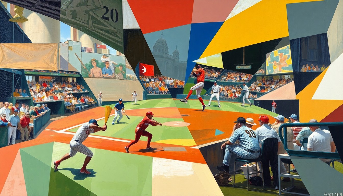 A cubist-style painting depicting a baseball game or competition, with players and equipment broken down into overlapping geometric shapes and planes, conveying the dynamic energy and complexity of the sport.