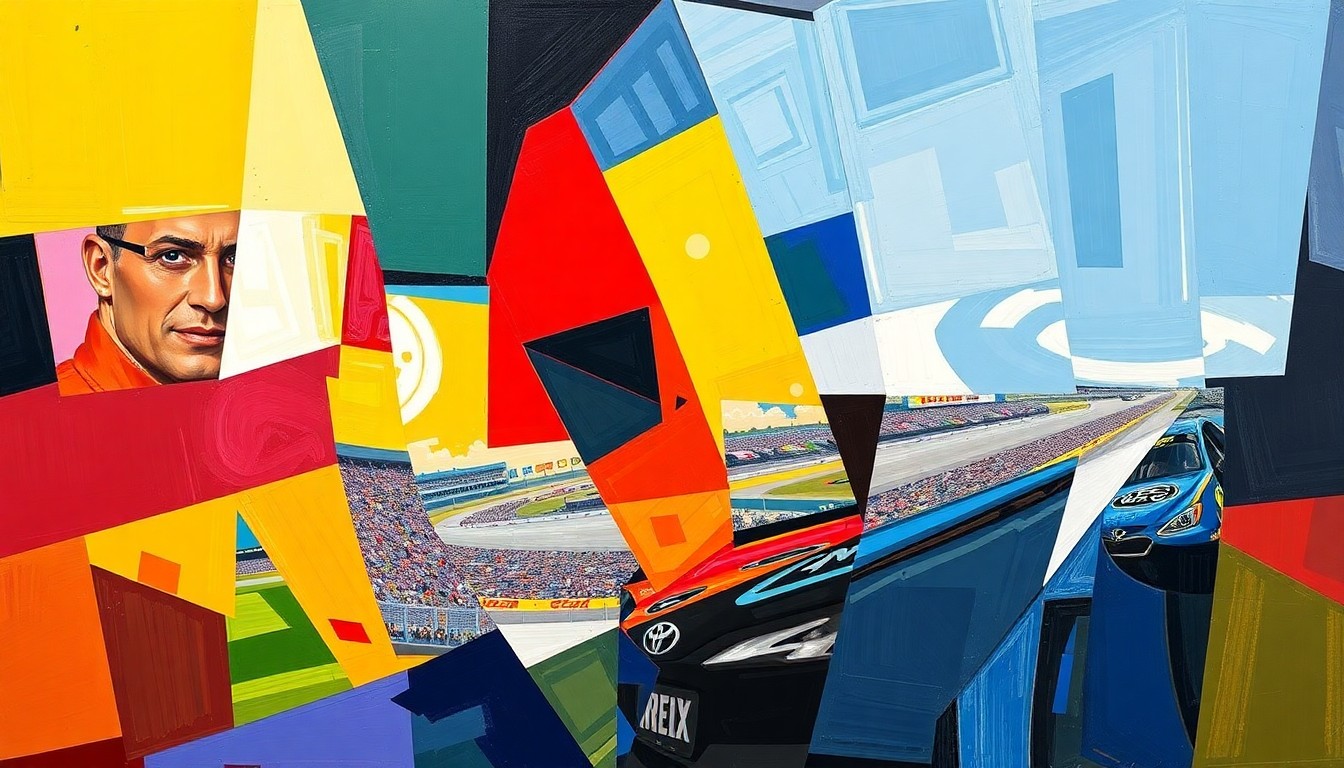 A cubist, geometric painting depicting the chaotic action of a NASCAR Xfinity Series race, with overlapping planes of color and shape representing the cars, track, and racing environment.