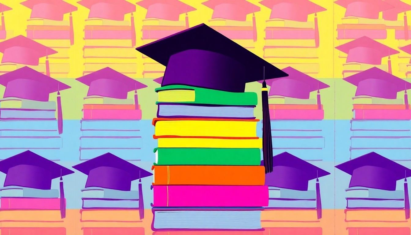 A bold, colorful silkscreen-style illustration featuring a repeating grid of college textbooks and graduation caps, representing the expansion of educational programs and pathways in the Steubenville community.