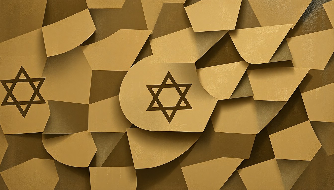 An abstract, fractured painting in muted earth tones depicting an overlapping, geometric representation of a political or religious symbol, conveying a sense of disruption and uncertainty.