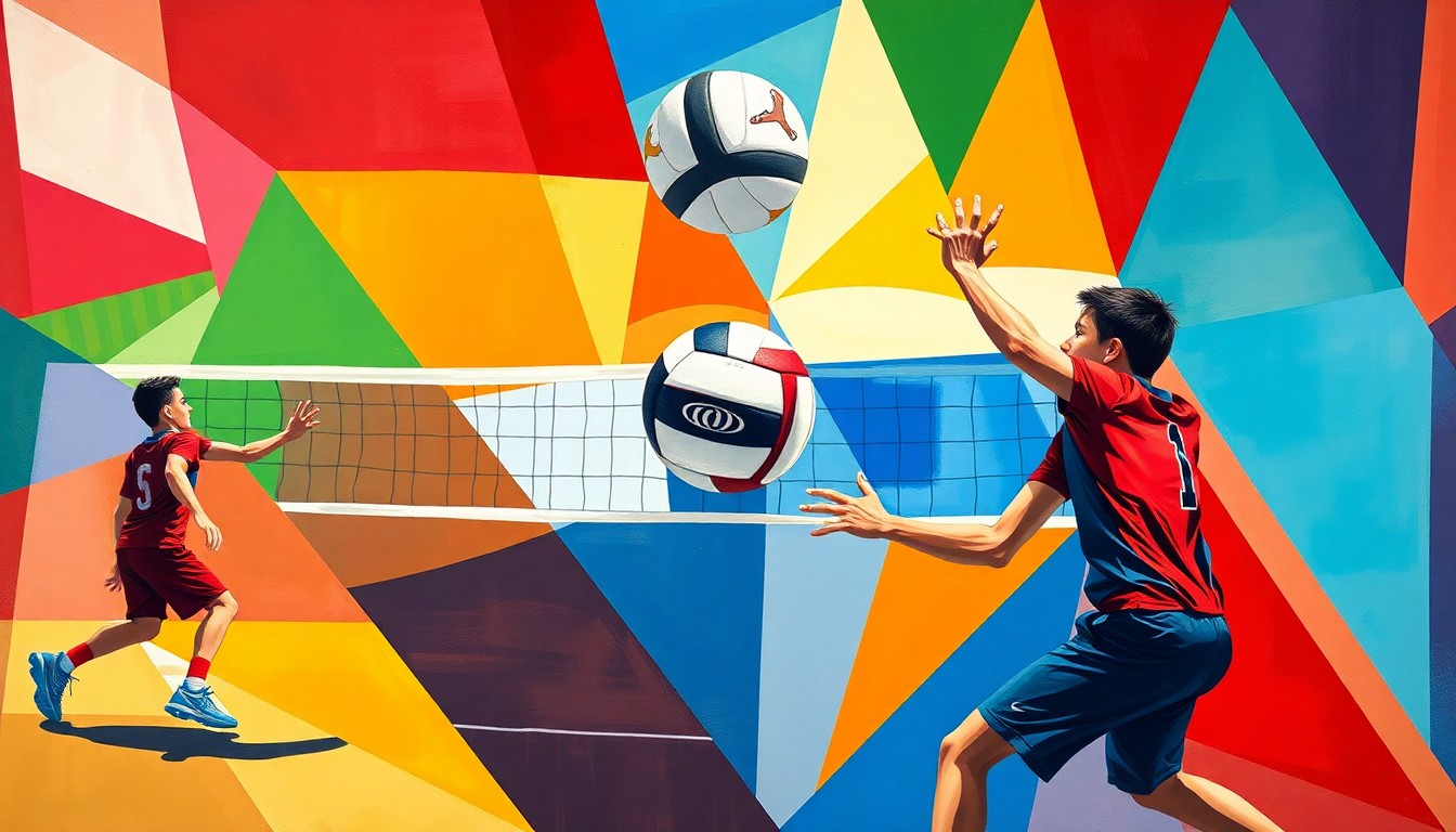 A fragmented, geometric painting depicting the dynamic motion and energy of a boys volleyball match, with the players and ball broken down into overlapping angular shapes in the team colors of Arbor View and Casteel High Schools.