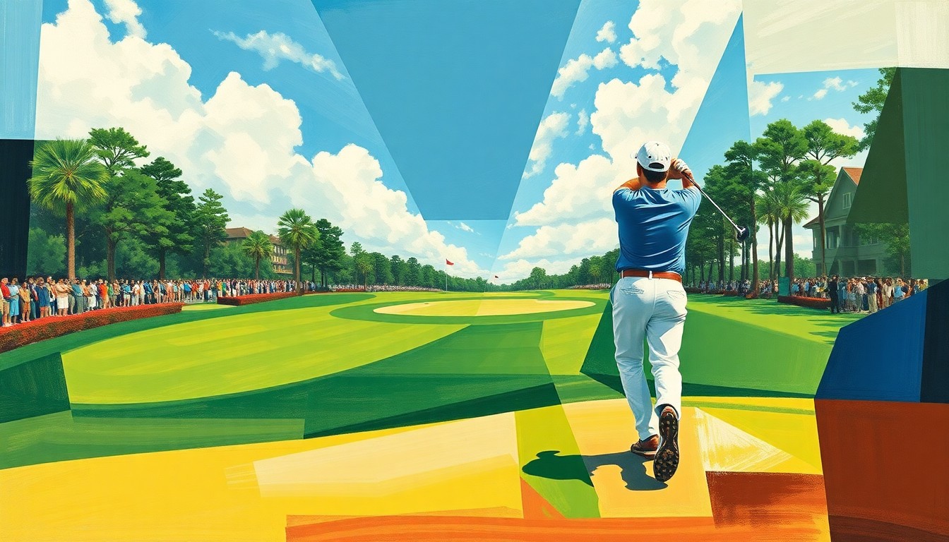 A cubist-style painting depicting a golfer's swing and motion on the fairway, with sharp, overlapping geometric planes in shades of green, brown, and white, capturing the dynamic energy of the sport.