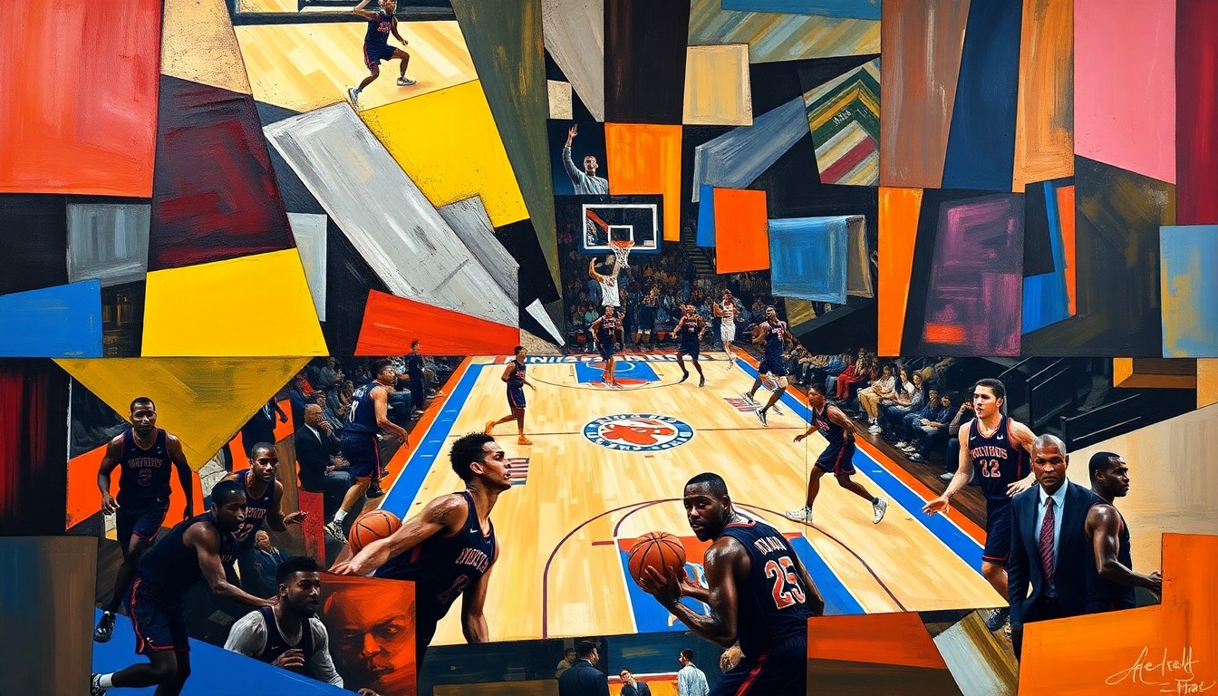 A fragmented, geometric painting depicting the action and movement of a basketball game, with players and the court broken down into sharp, overlapping shapes and planes of color.