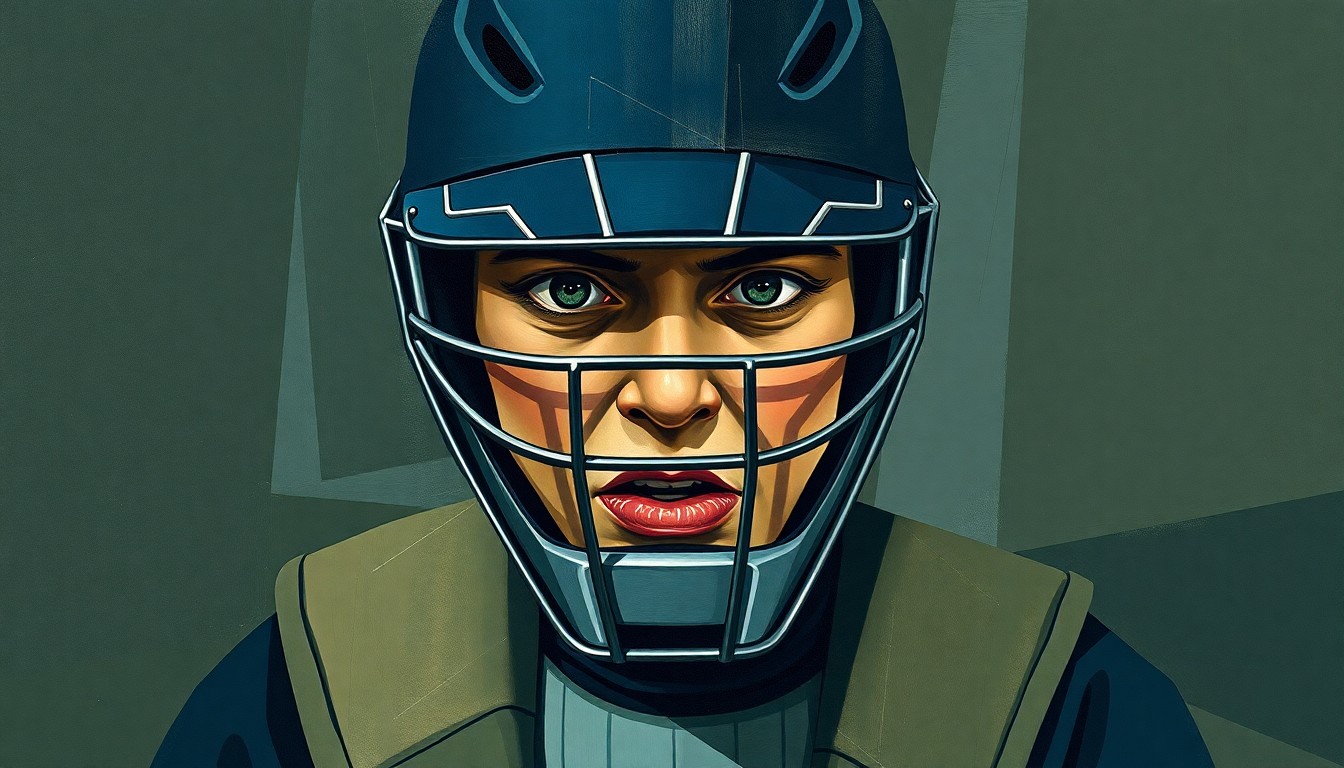 A fractured, geometric painting depicting the equipment and gear of a baseball catcher, with sharp, overlapping planes in muted tones of navy, slate, and olive green, conveying the physical demands of the position.