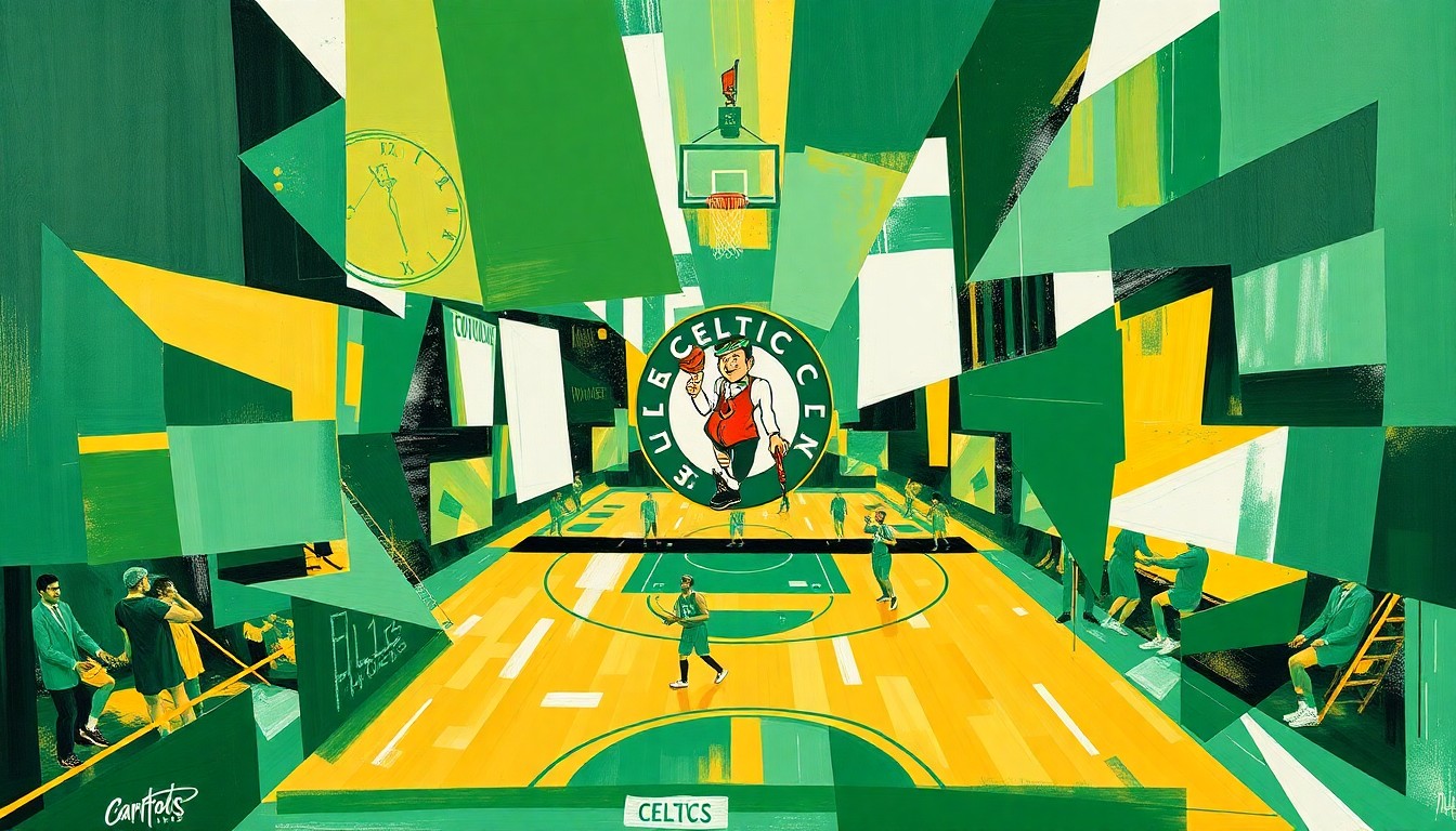 A cubist, geometric painting depicting a Celtics basketball game or practice, with sharp, overlapping planes of green, white, and gold, capturing the strategic and analytical nature of the team's roster moves.