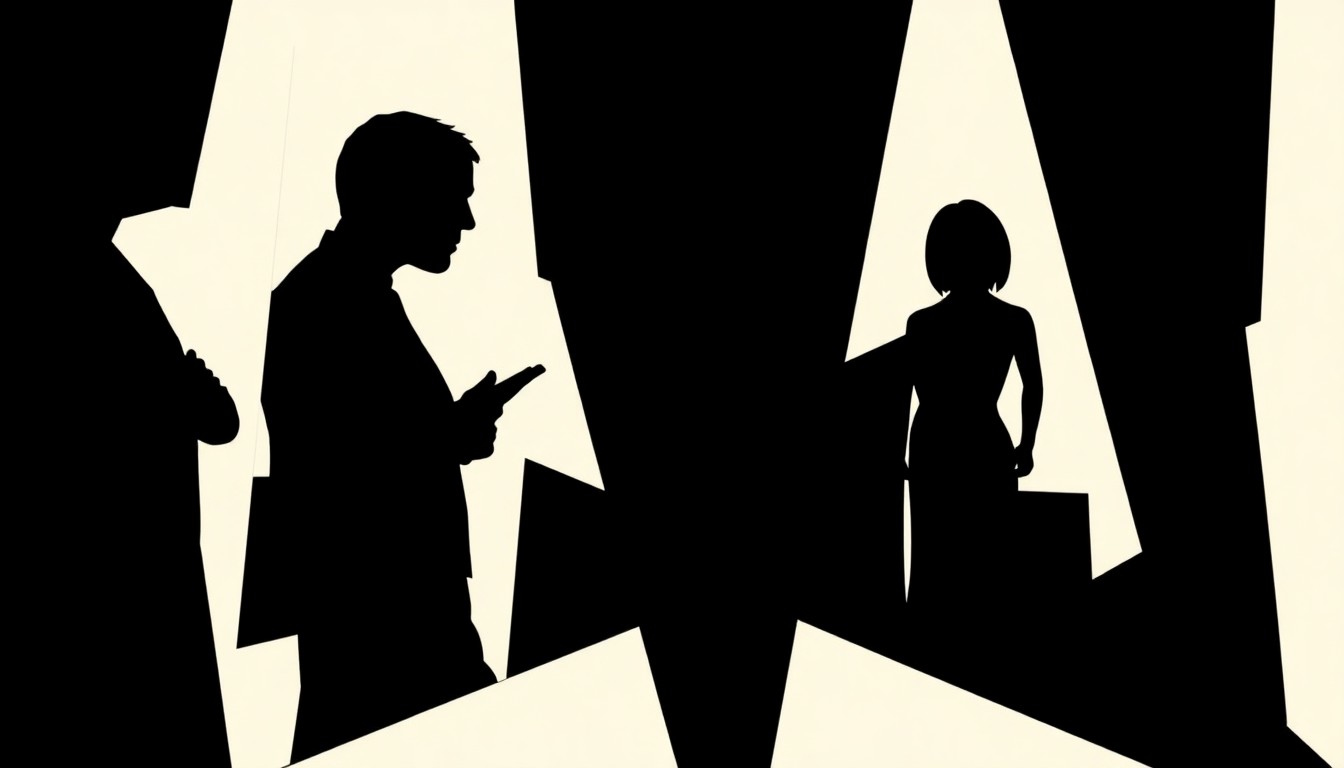 An abstract, minimalist illustration featuring sharp, angular black silhouettes against a stark white background, conceptually representing the intense public scrutiny and emotional turmoil surrounding a reality TV scandal.