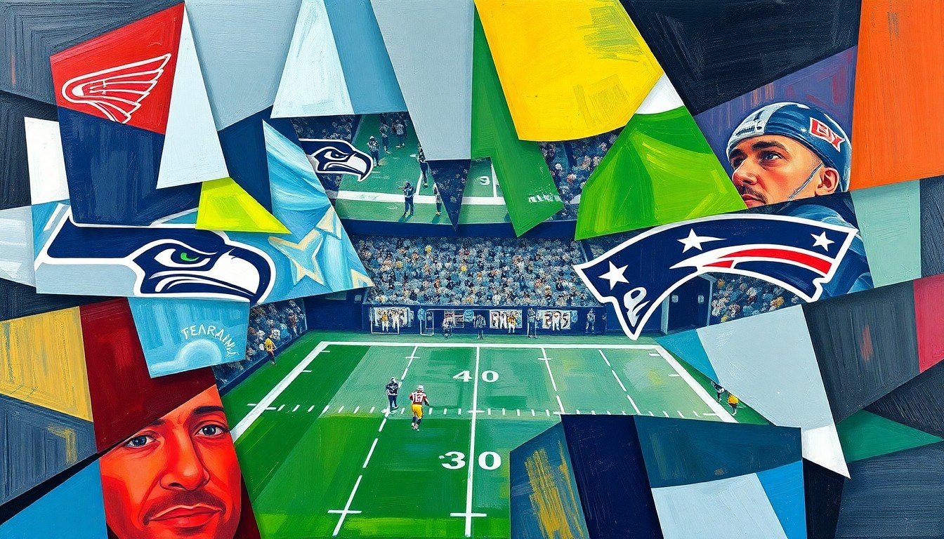 A fragmented, geometric painting depicting a football game, with players and field elements broken down into sharp, overlapping shapes and planes, conveying the complexity and intensity of the matchup between the Seahawks' defense and the Patriots' offense.