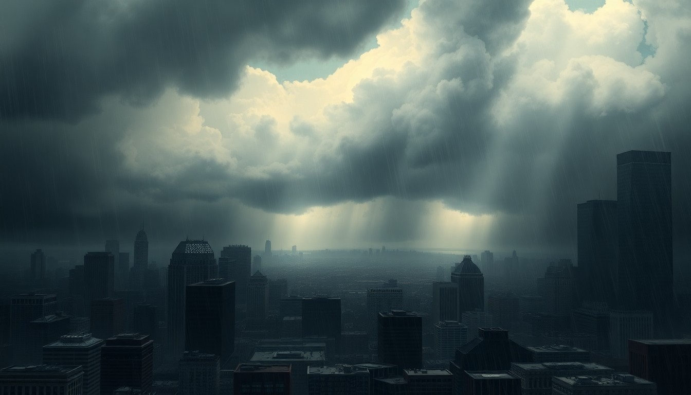 A dramatic, atmospheric landscape painting in the style of Caspar David Friedrich, depicting a heavy rainstorm sweeping across the Boston skyline, with the city's buildings and infrastructure obscured by the overwhelming scale of the natural elements.