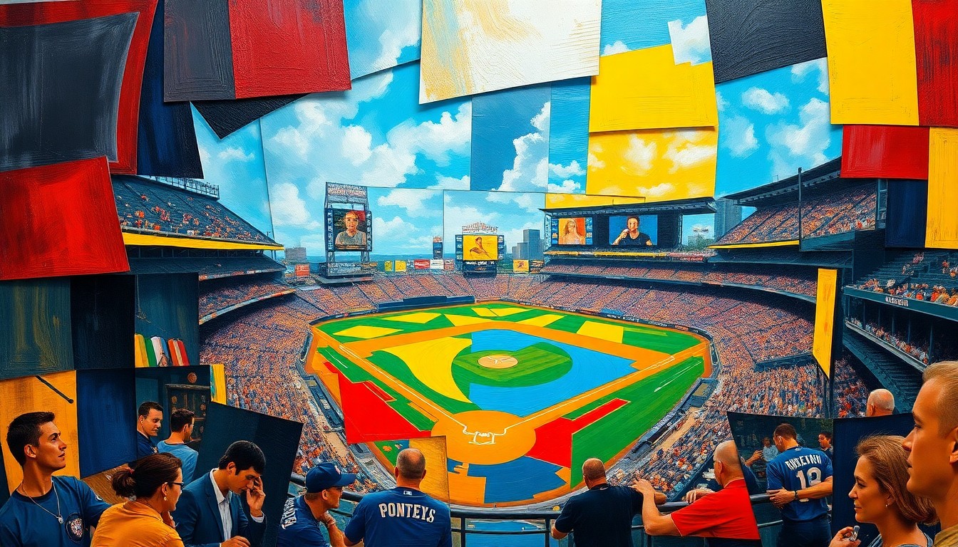A fragmented, geometric painting in bold colors depicting various perspectives and moments of a baseball game, conveying the raw athleticism and strategic depth of the sport.
