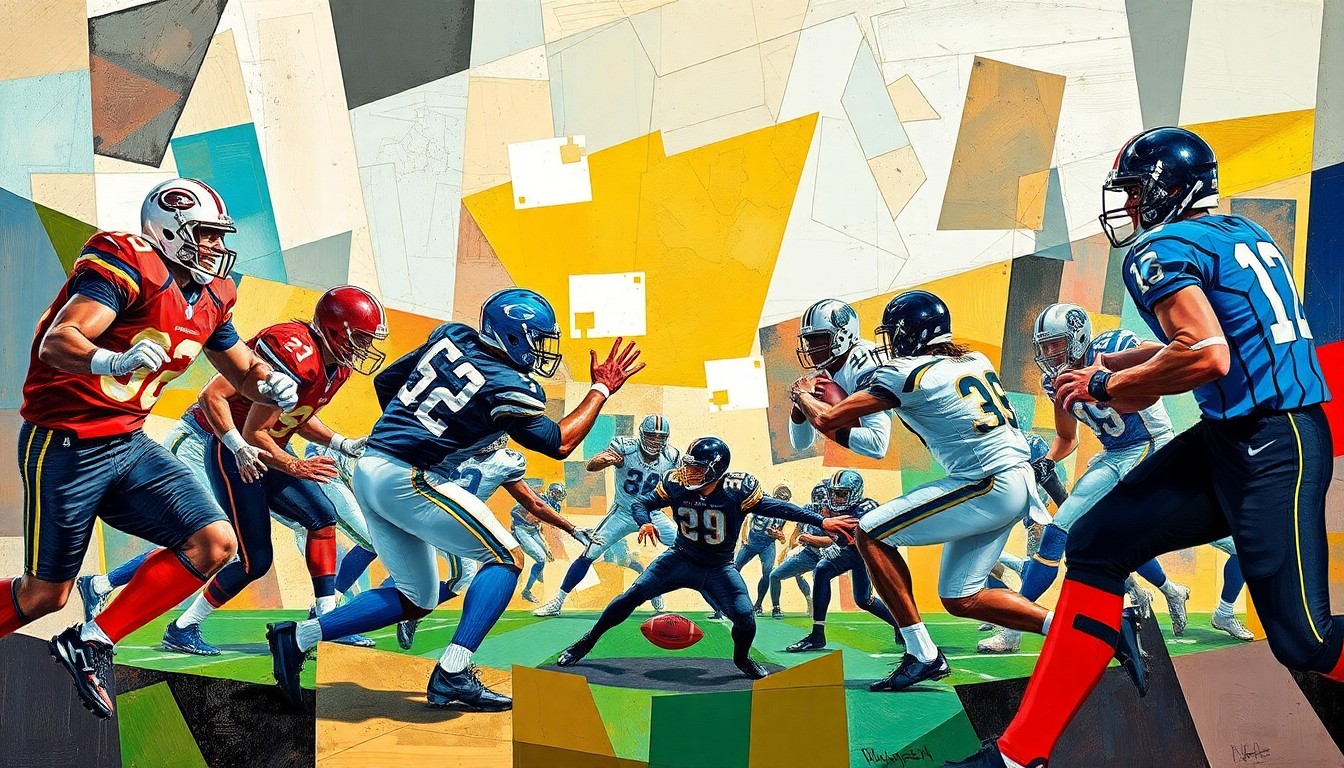 A cubist-style painting depicting a football game broken down into sharp, overlapping geometric shapes and planes, with no recognizable figures or text, conceptually representing the NFL's focus on adaptability and fit over raw talent.