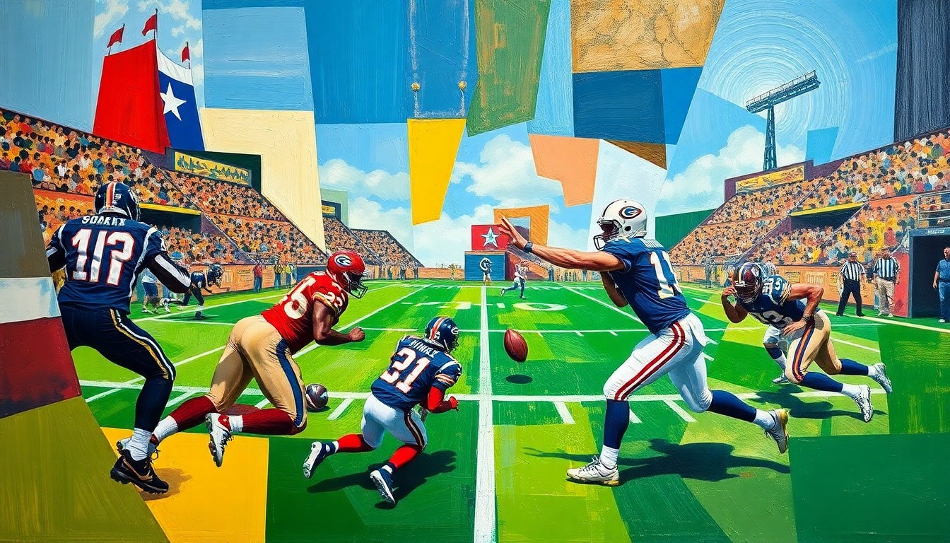 A cubist, geometric painting depicting fragmented, overlapping images of a football game or quarterback, conveying the uncertainty and complexity of evaluating the next generation of NFL signal-callers.