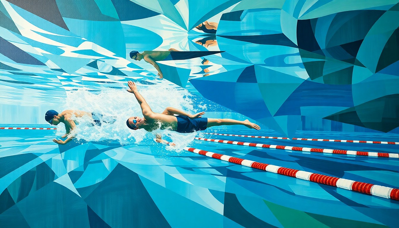 A fractured, geometric painting depicting an abstract swimming competition, with sharp, overlapping shapes in shades of blue, green, and white representing the water and athletic movements.