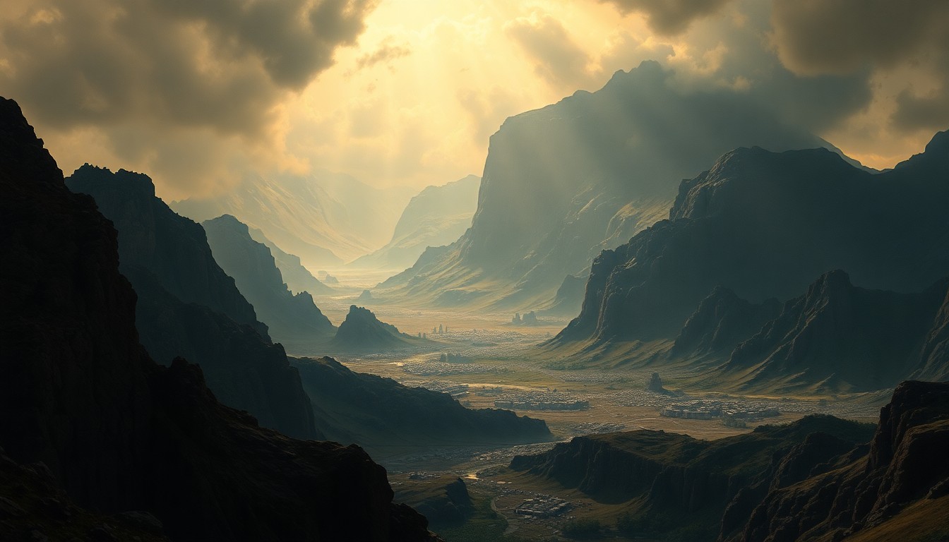 A sweeping, atmospheric landscape painting depicting a massive earthquake, with the natural landscape overwhelmed by the sublime power of the seismic event.