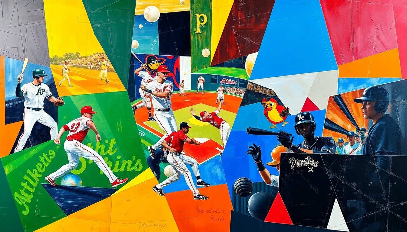 A fragmented, geometric painting depicting overlapping baseball players, fields, and equipment in a vibrant color palette representing the teams mentioned in the story.