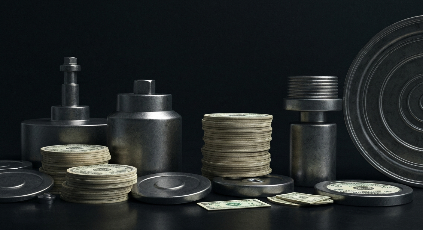 An extreme close-up of intricate, metallic financial machinery and equipment, conveying a sense of power, security, and the inner workings of the banking industry.