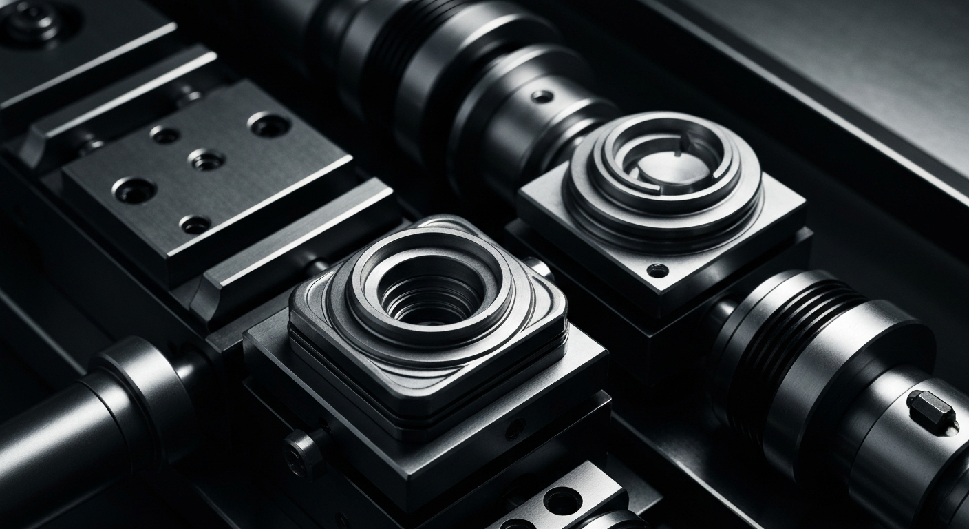 An extreme close-up of precision medical device components, such as contact lens molds or surgical instruments, in high-contrast black and white. The heavy, industrial machinery represents the technological innovation and manufacturing prowess of the medical device industry.