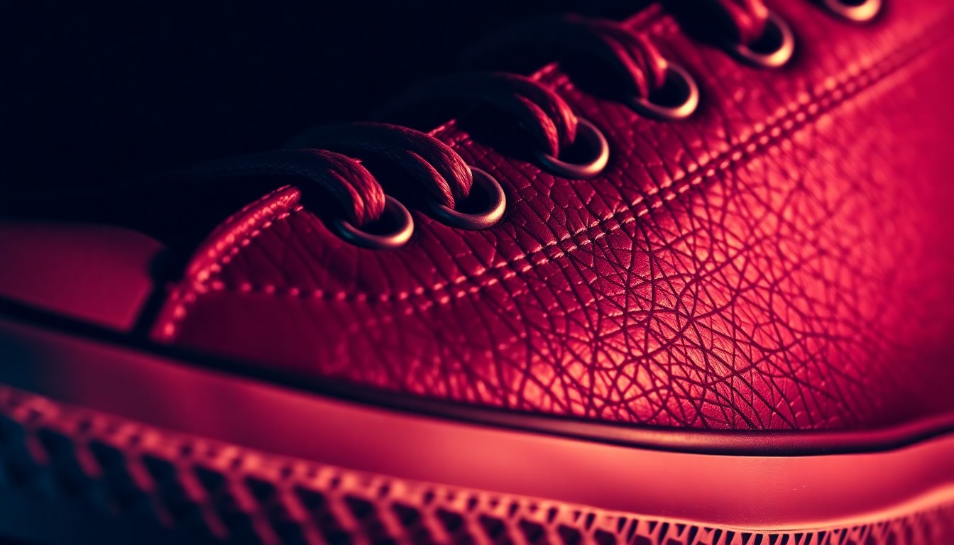 An extreme close-up photograph of the smooth, high-quality leather upper of the Converse All Star Coupe Plain Toe OX sneaker, captured in dramatic, high-contrast studio lighting to create a luxurious, glamorous aesthetic.