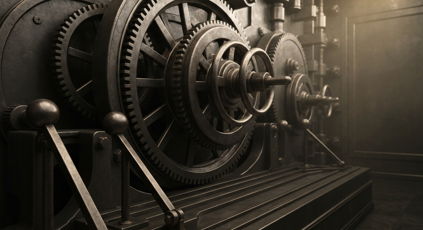 An extreme close-up of intricate, interlocking gears and levers in a banking vault, conveying the heavy, industrial nature of financial infrastructure.