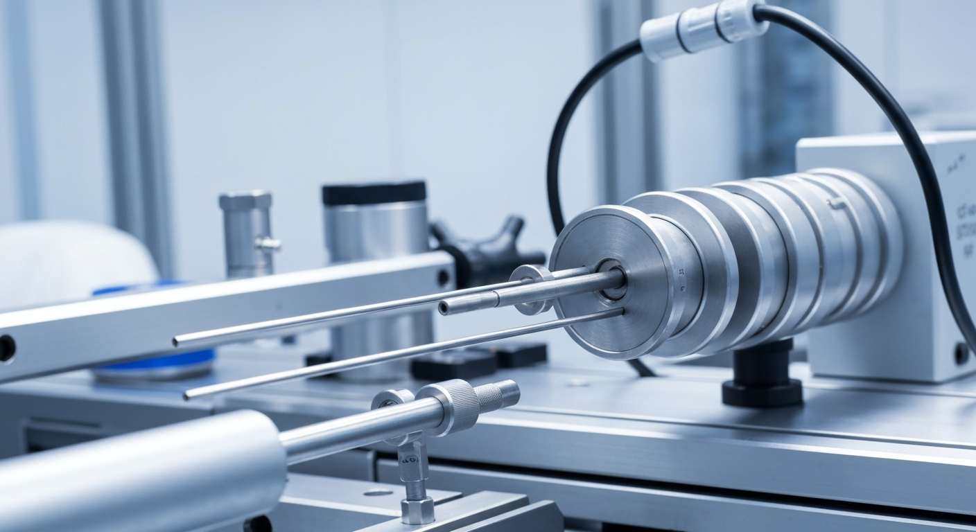 An extreme close-up of highly detailed, polished metal medical instruments and machinery, representing the technical expertise and manufacturing prowess behind Globus Medical's products.