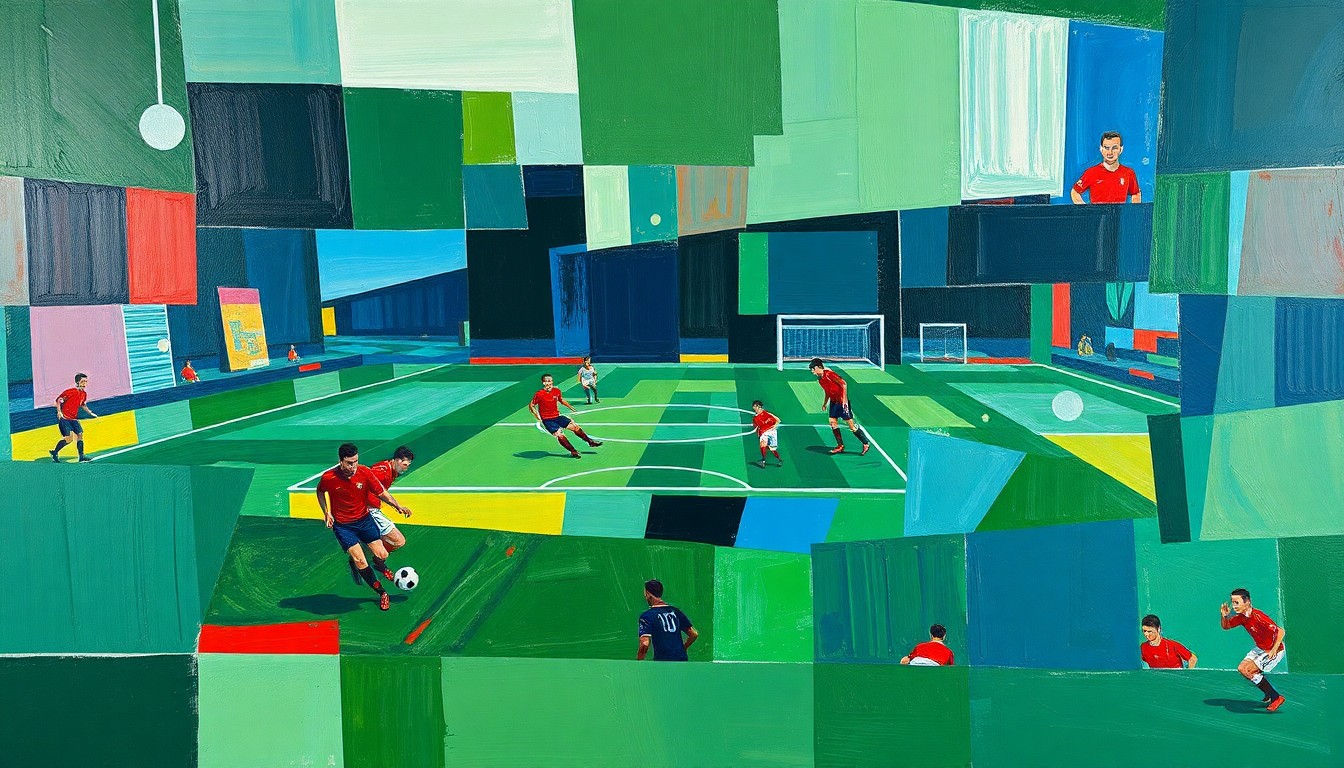 A fragmented, geometric painting depicting the movement and energy of a soccer match, with players' forms broken down into sharp, overlapping planes of color.